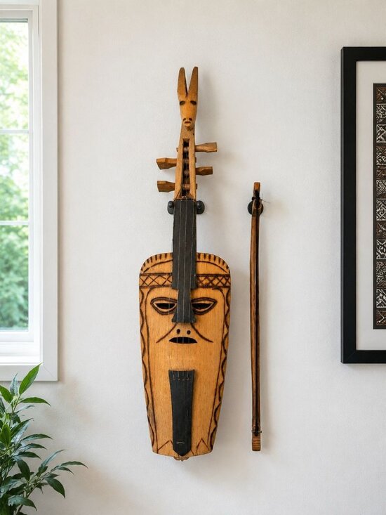 Handcrafted Other - Vintage Hand Carved Wood African String Instrument Wall Art Sculpture 22”